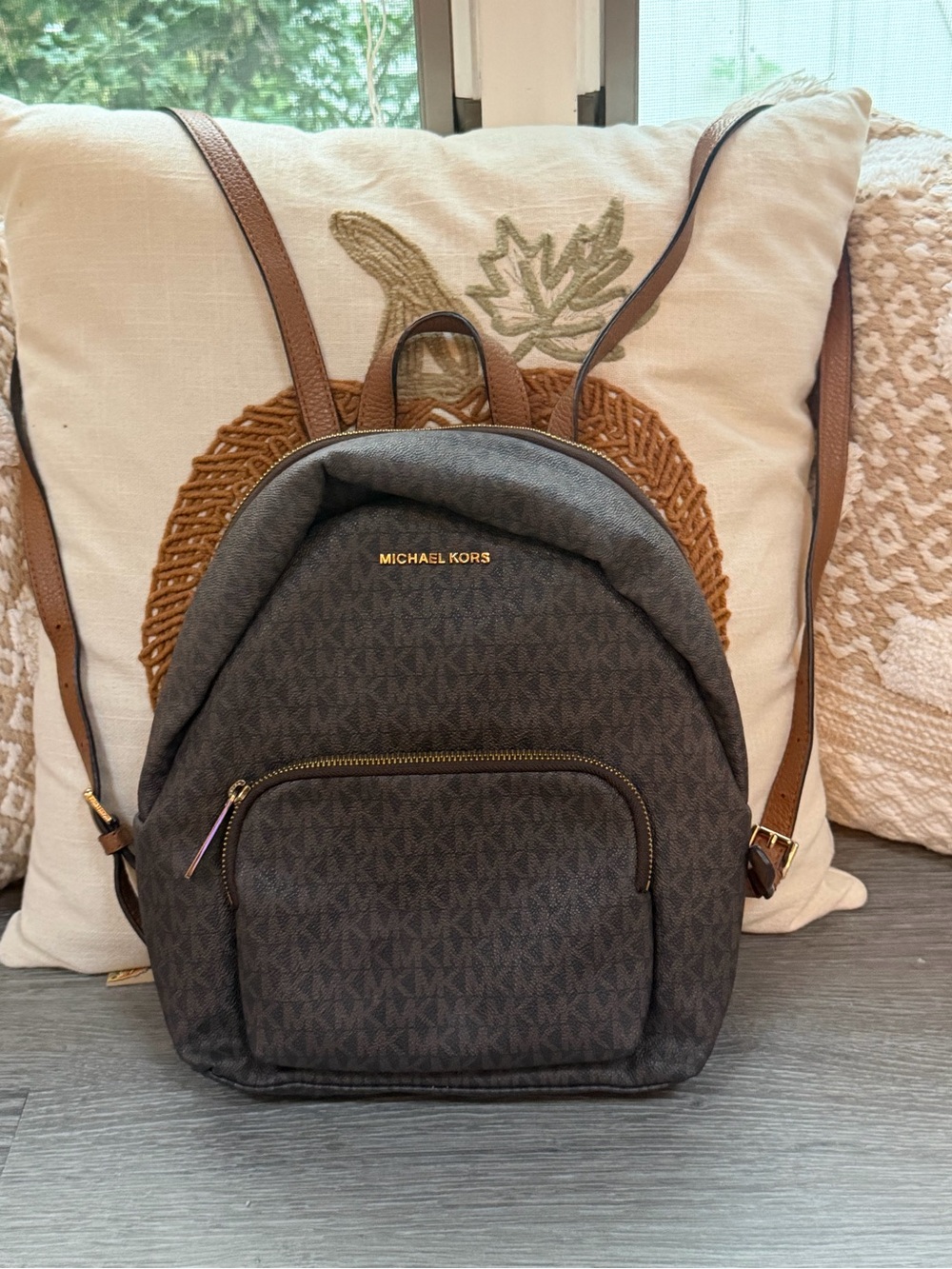 Michael Kors Brown MK Logo Backpack with Tan Straps